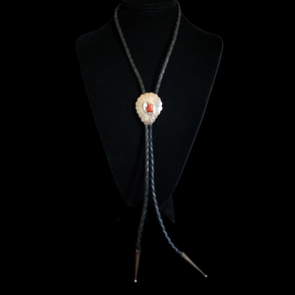 Vintage Sterling Silver Navajo E. Spencer Red Coral & Black Leather Bolo Tie - Picture 2 of 9